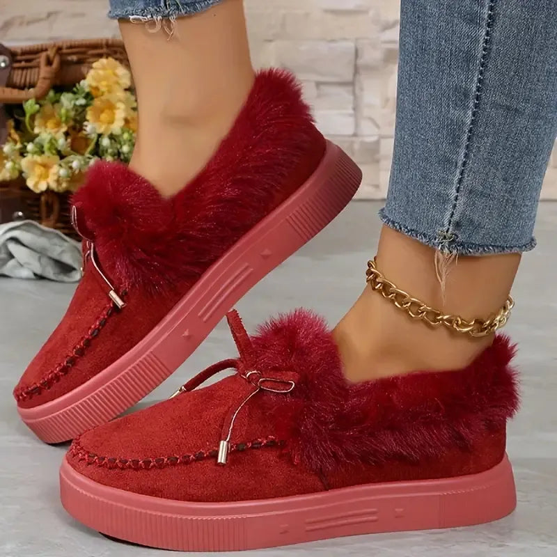 Bow Furry Round Toe Flat Slip-Ons - Godess beauty 