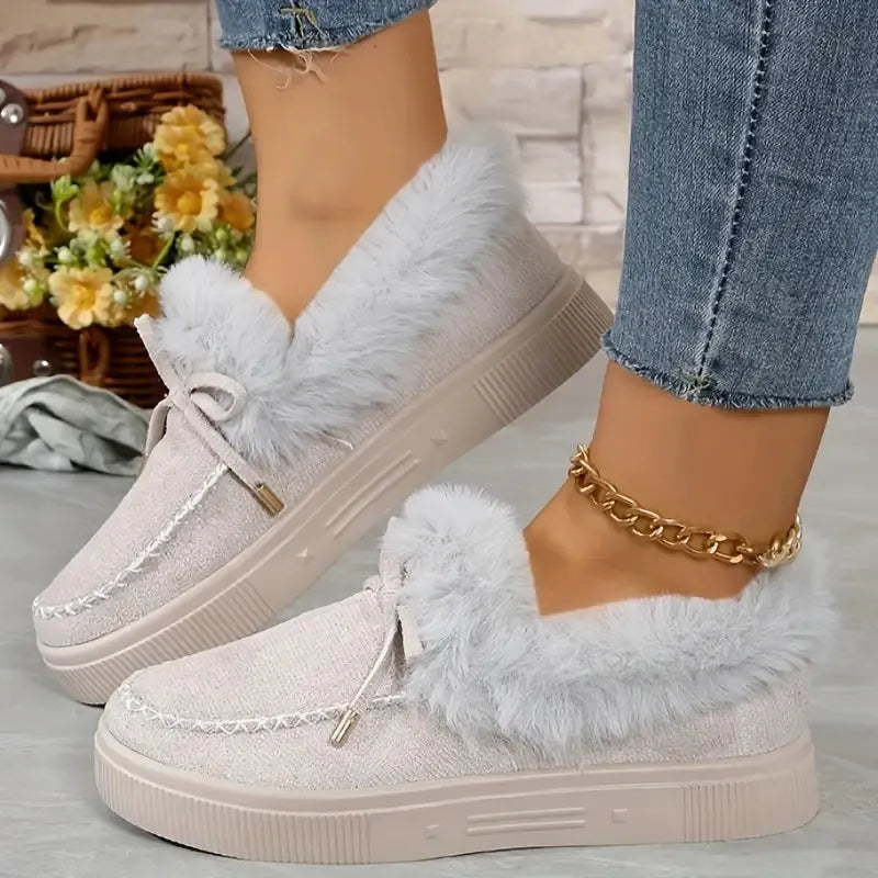 Bow Furry Round Toe Flat Slip-Ons - Godess beauty 