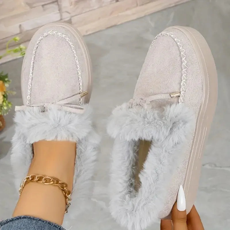 Bow Furry Round Toe Flat Slip-Ons - Godess beauty 