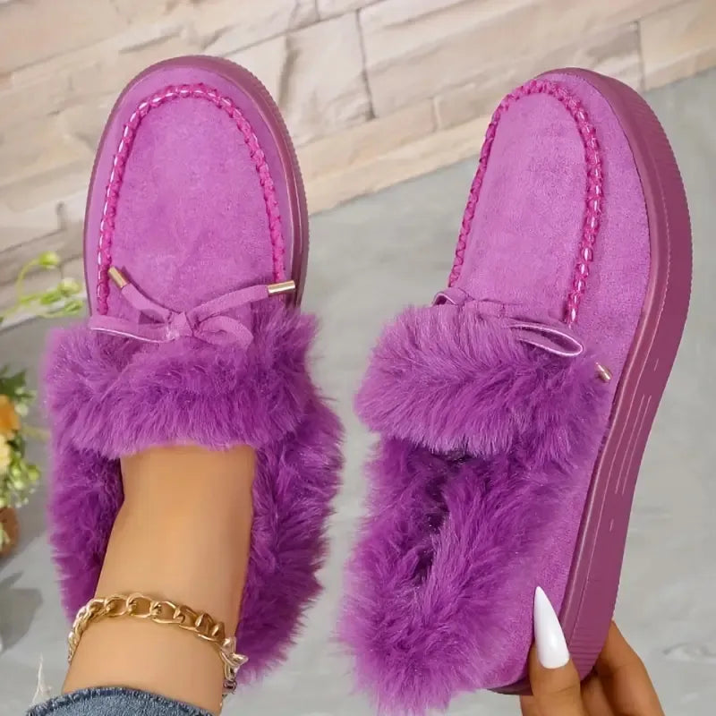 Bow Furry Round Toe Flat Slip-Ons - Godess beauty 