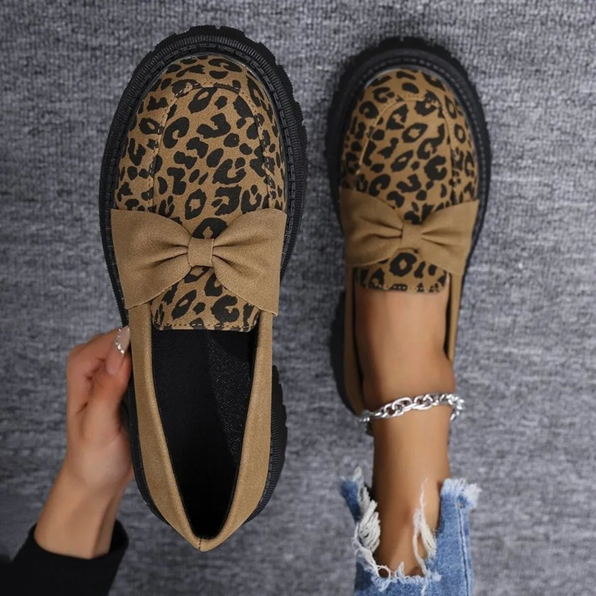 Bow Leopard Round Toe Loafers - Godess beauty 