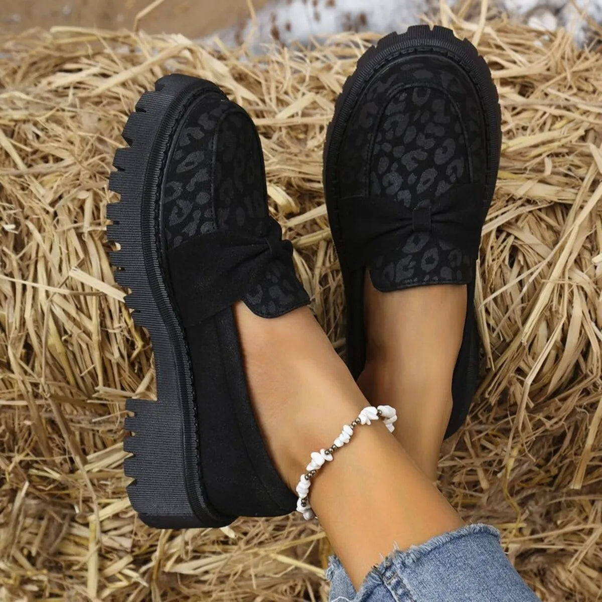 Bow Leopard Round Toe Loafers - Godess beauty 