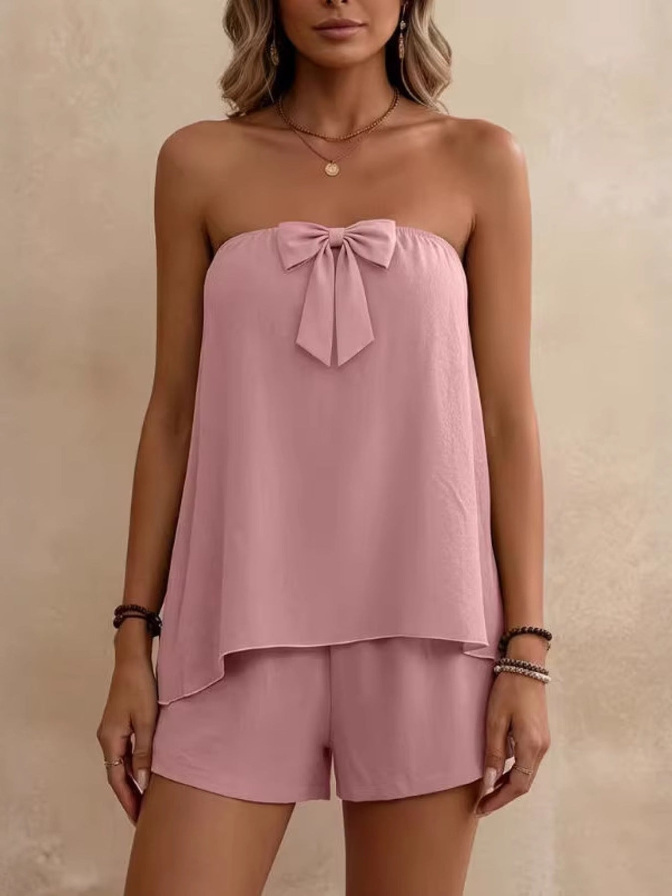Bowknot Tube Top & Shorts Set - Godess beauty 