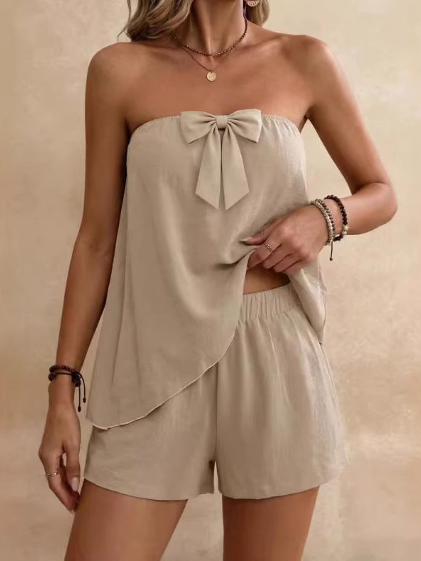 Bowknot Tube Top & Shorts Set - Godess beauty 