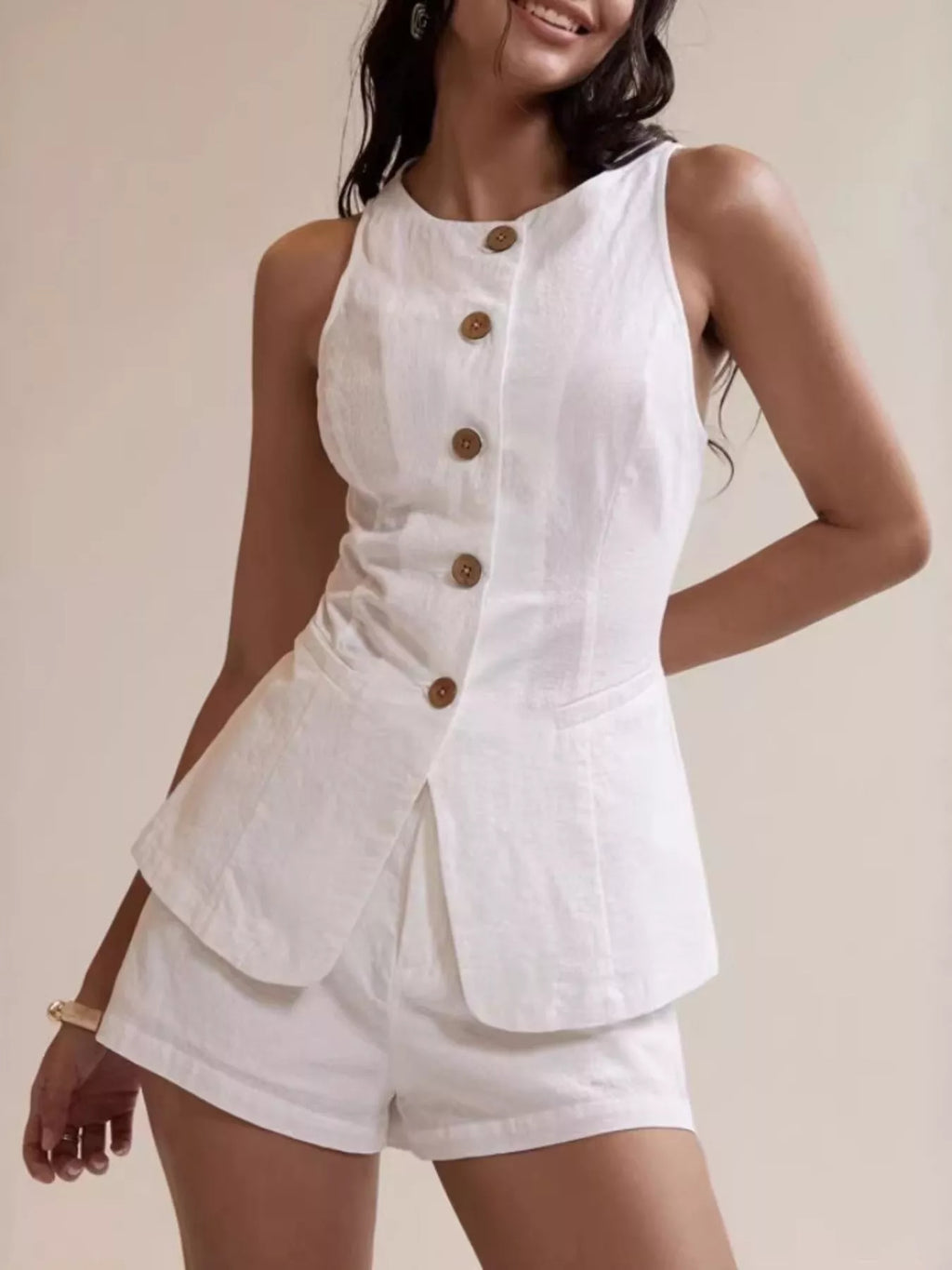 Button-Down Sleeveless Top and Shorts Set - Godess beauty 