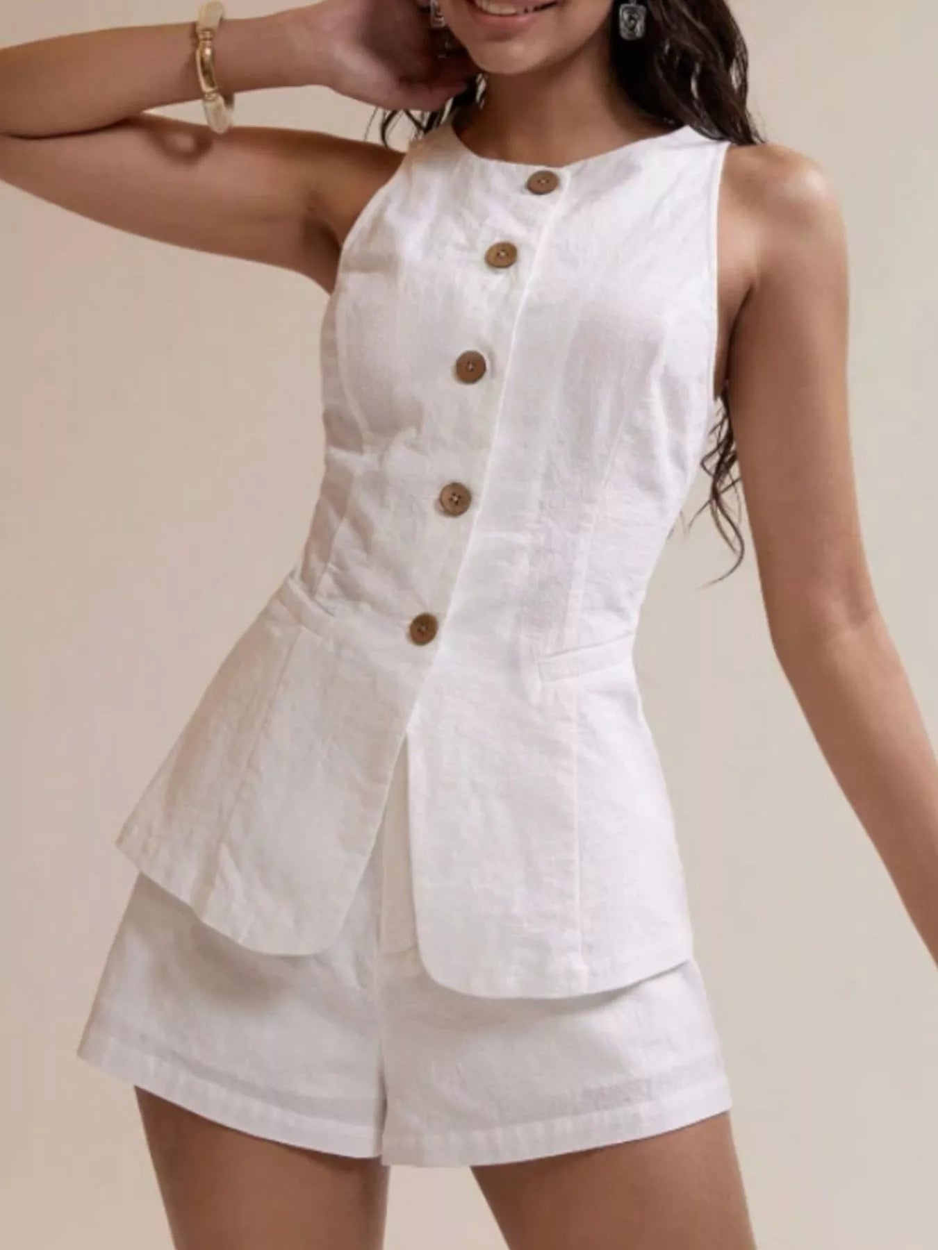 Button-Down Sleeveless Top and Shorts Set - Godess beauty 