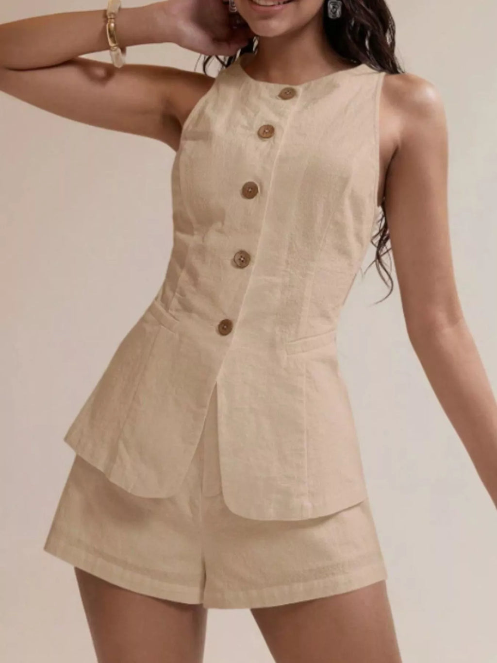 Button-Down Sleeveless Top and Shorts Set - Godess beauty 