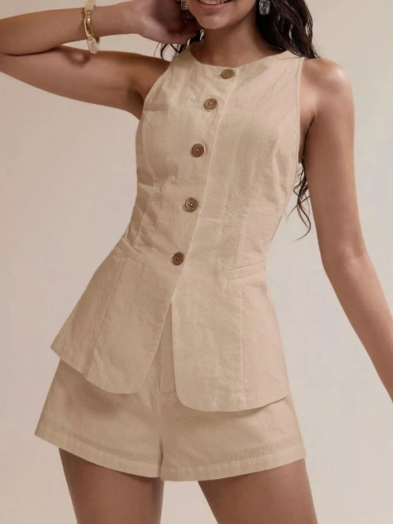 Button-Down Sleeveless Top and Shorts Set - Godess beauty 