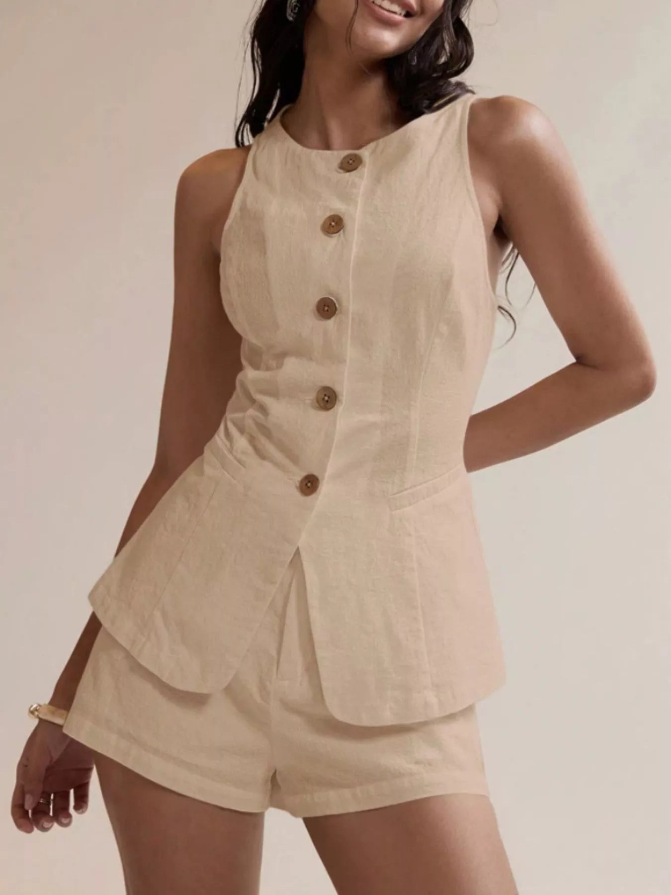 Button-Down Sleeveless Top and Shorts Set - Godess beauty 
