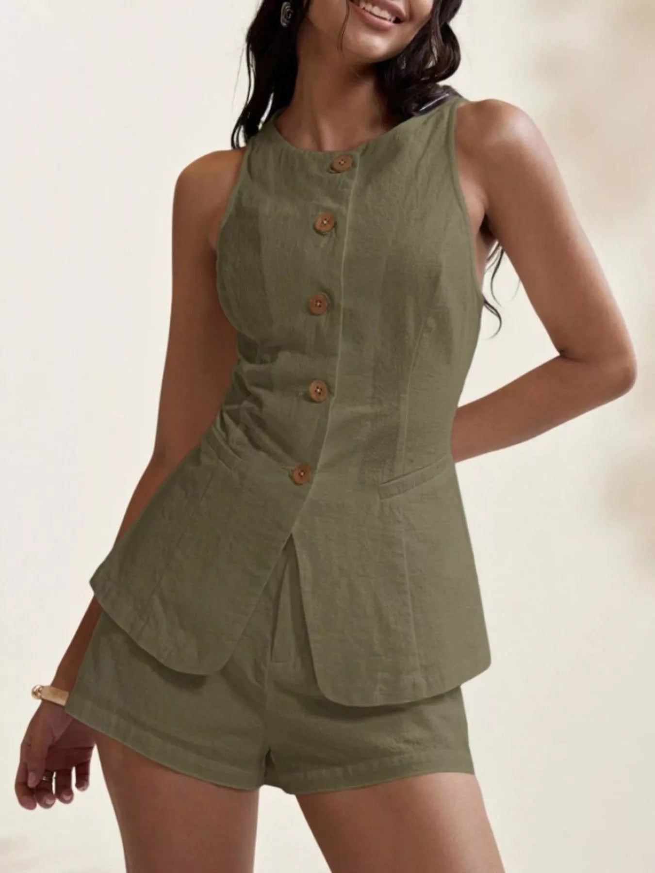 Button-Down Sleeveless Top and Shorts Set - Godess beauty 