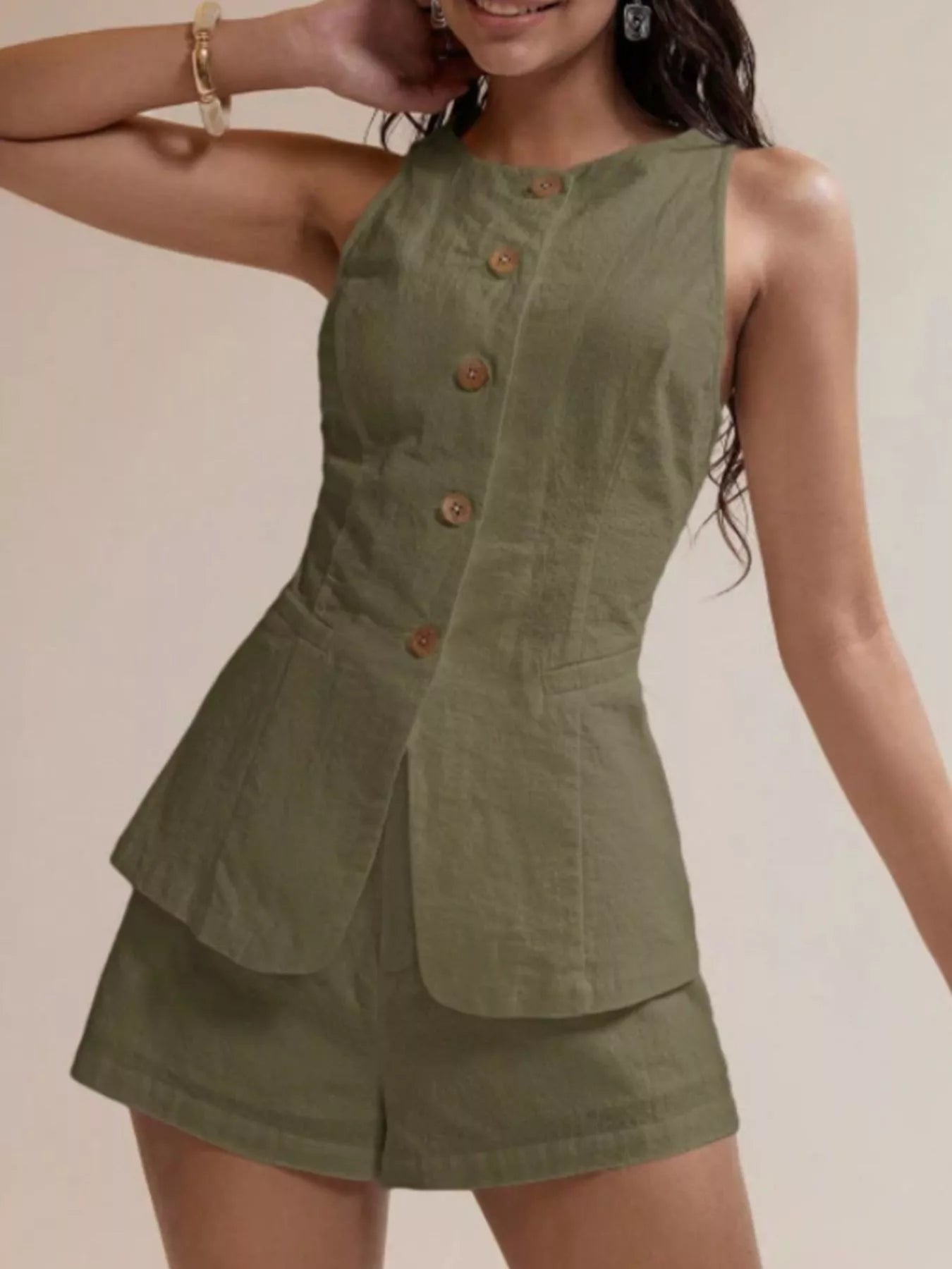 Button-Down Sleeveless Top and Shorts Set - Godess beauty 