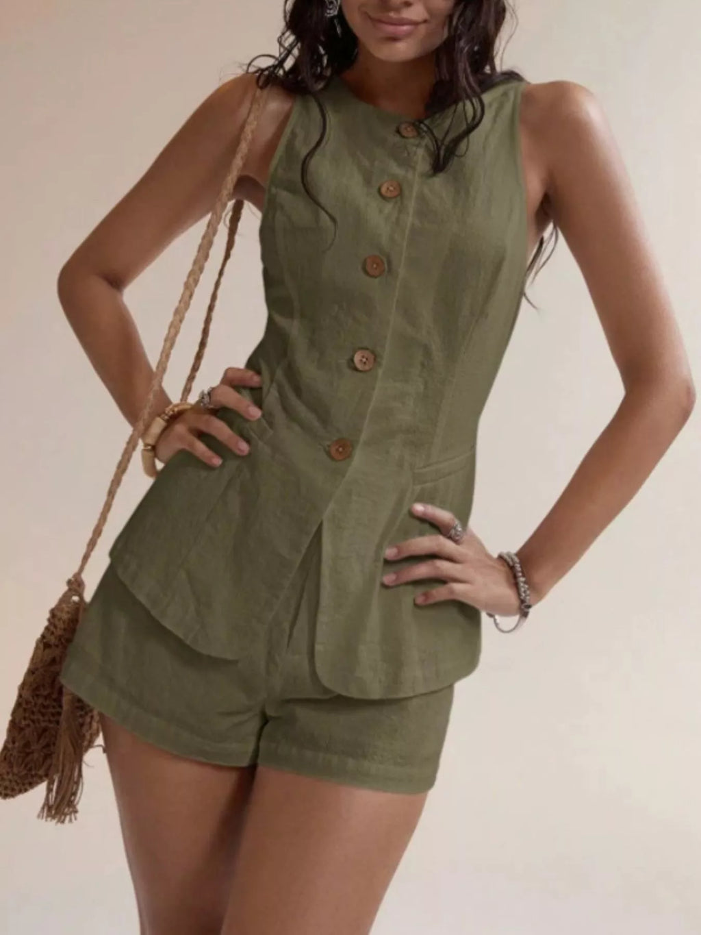 Button-Down Sleeveless Top and Shorts Set - Godess beauty 