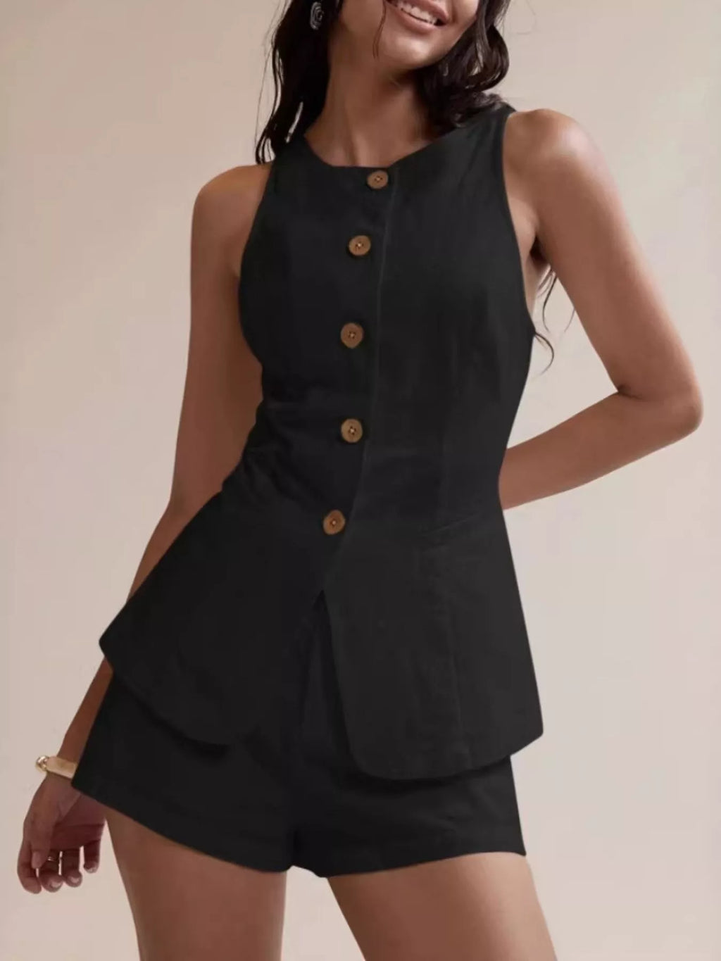 Button-Down Sleeveless Top and Shorts Set - Godess beauty 