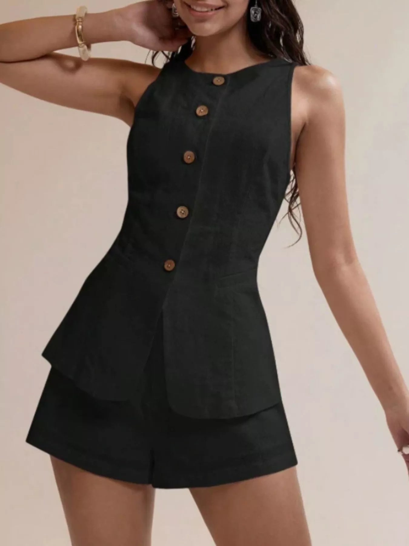 Button-Down Sleeveless Top and Shorts Set - Godess beauty 