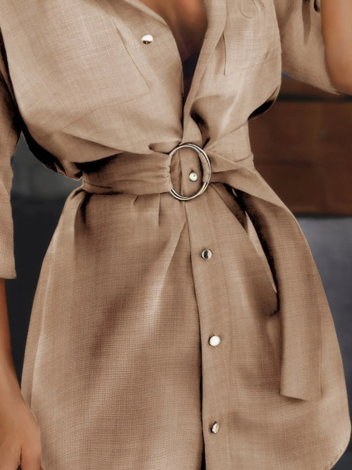 Button-Front Belted Shirt Dress - Godess beauty 