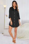 Button Up Collared Neck Night Dress with Pocket - Godess beauty 