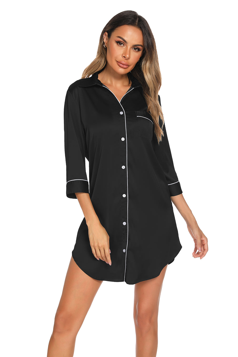 Button Up Collared Neck Night Dress with Pocket - Godess beauty 