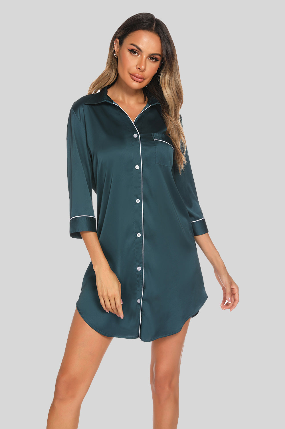 Button Up Collared Neck Night Dress with Pocket - Godess beauty 
