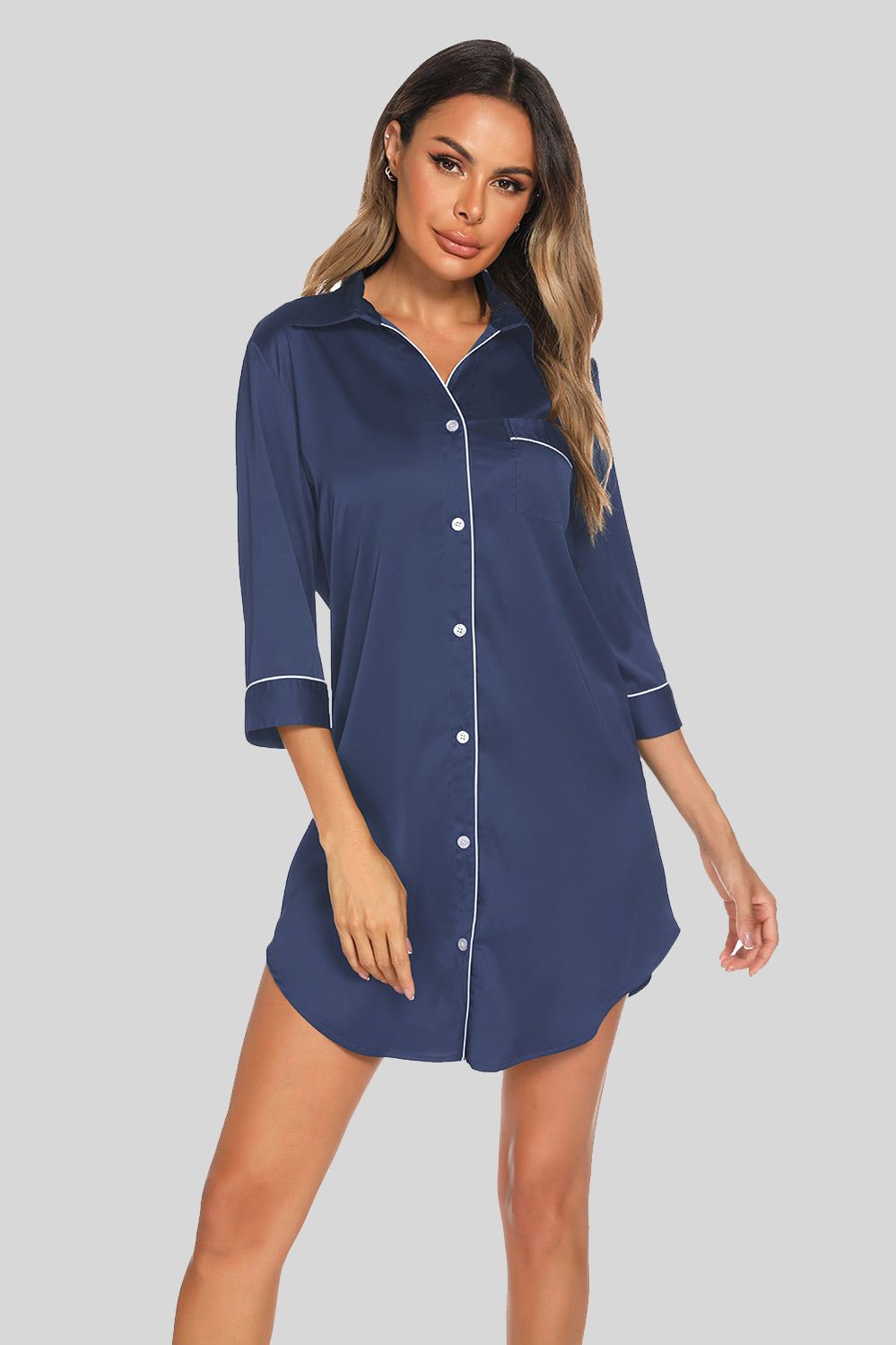 Button Up Collared Neck Night Dress with Pocket - Godess beauty 