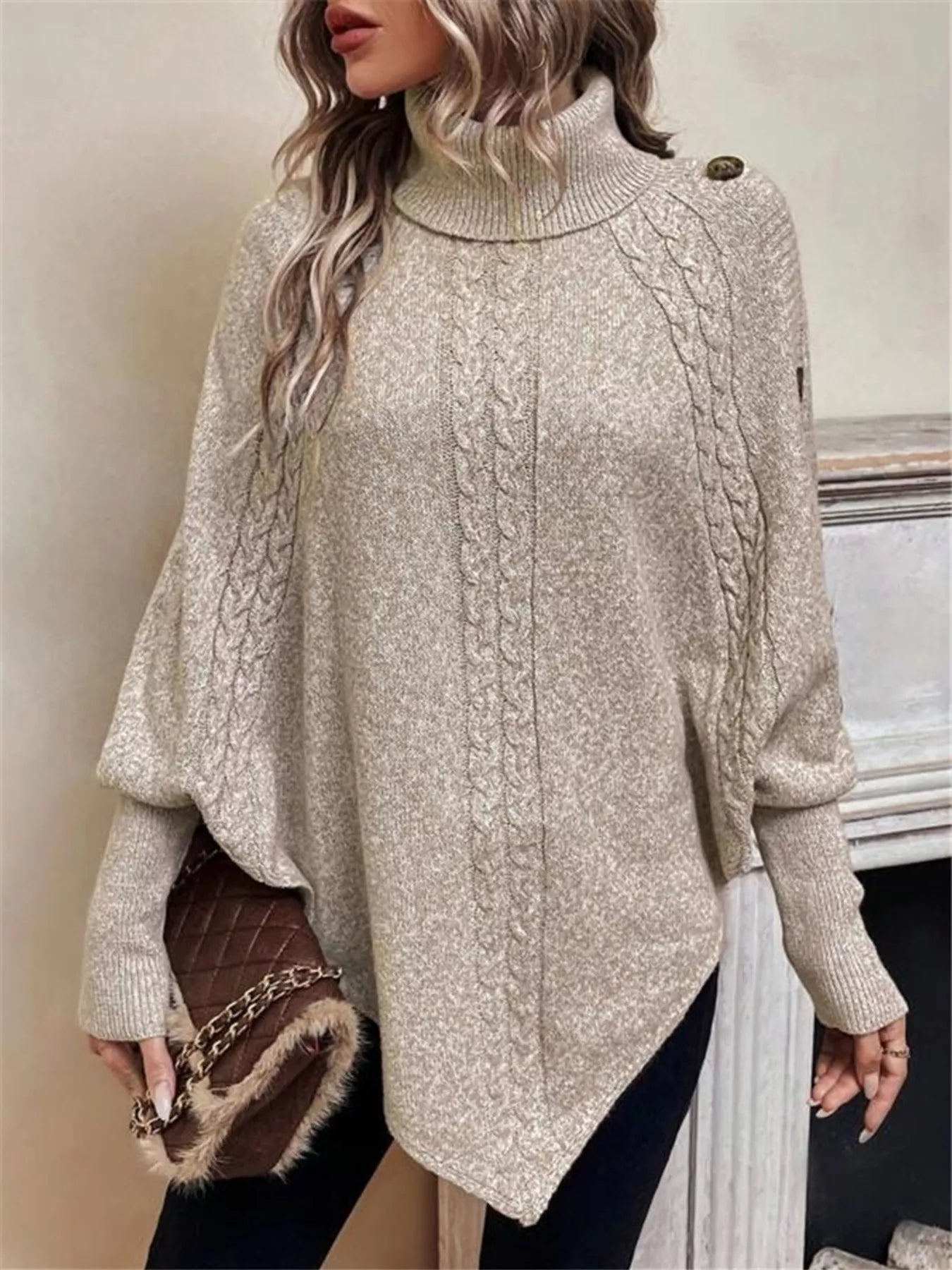 Cable Knit Turtleneck Cape Sweater - Godess beauty 