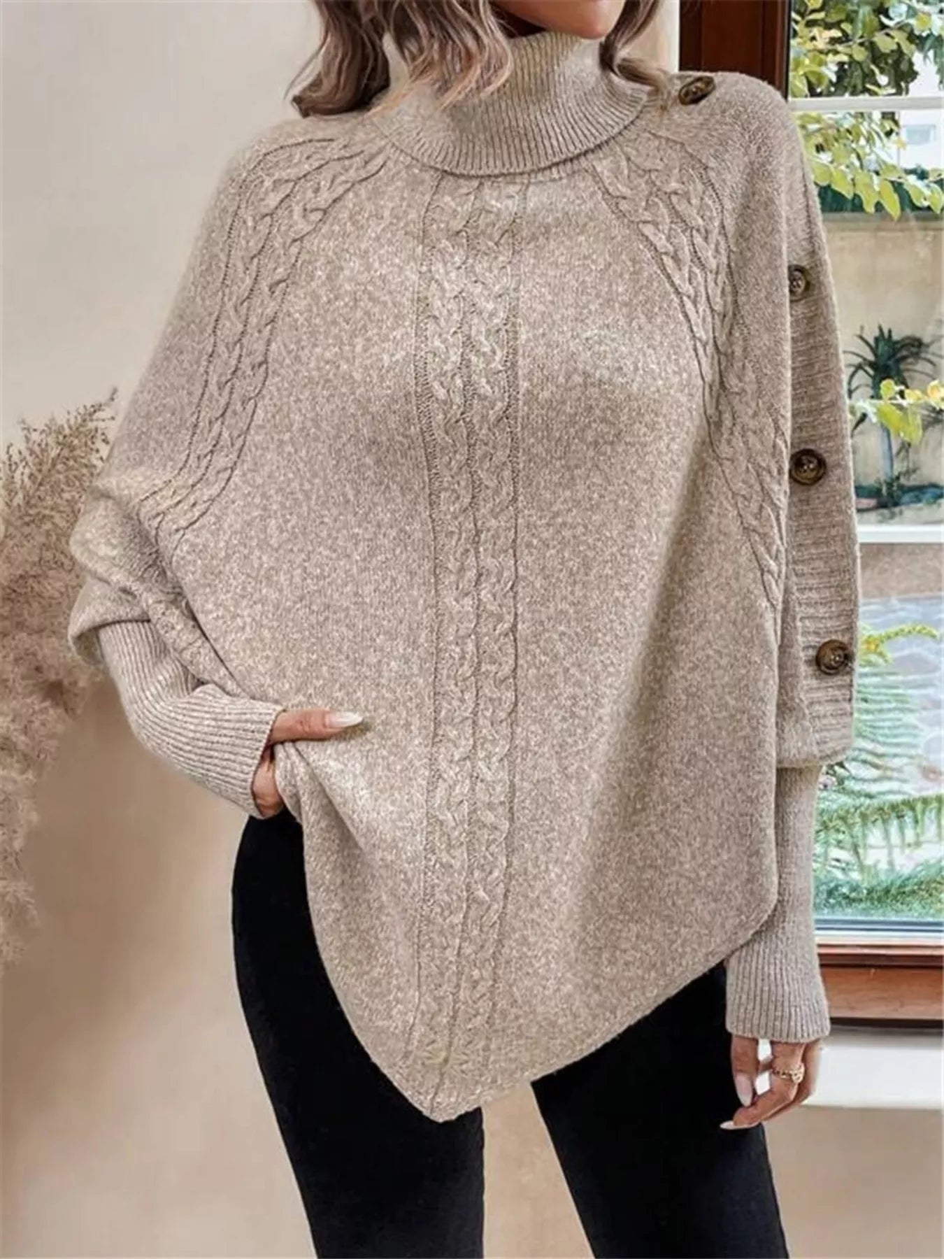 Cable Knit Turtleneck Cape Sweater - Godess beauty 