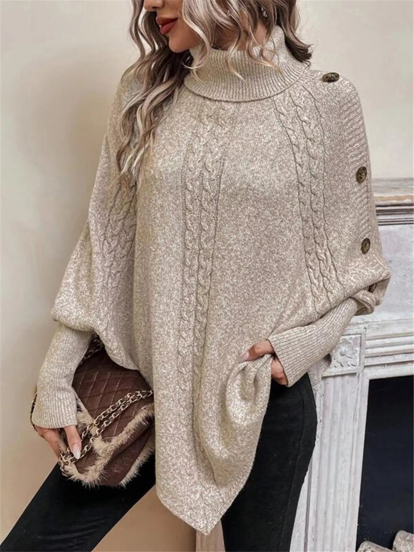 Cable Knit Turtleneck Cape Sweater - Godess beauty 