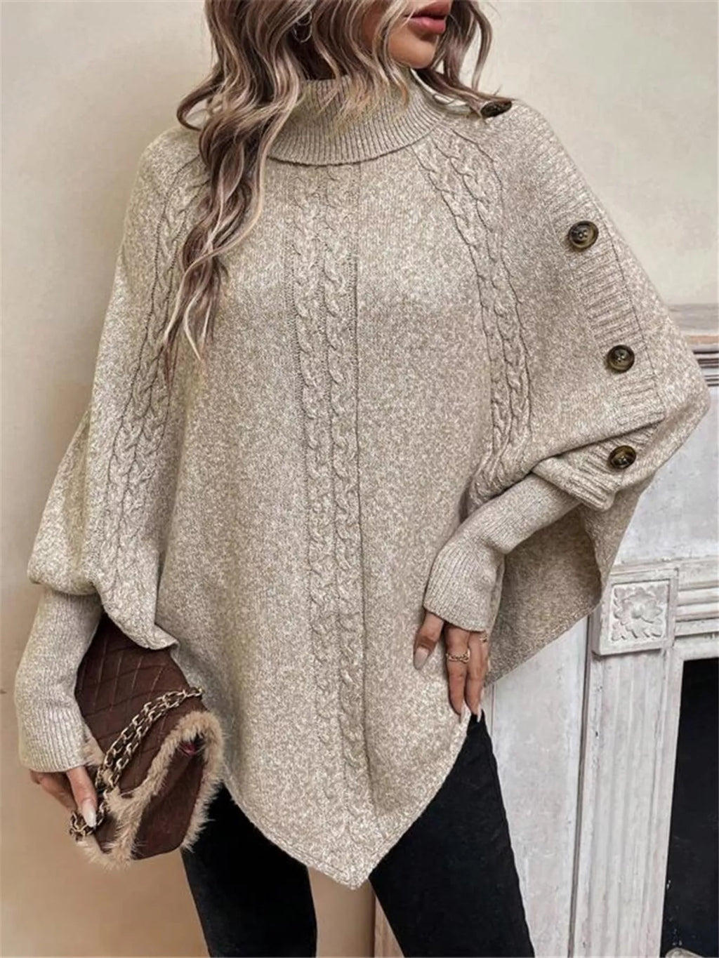 Cable Knit Turtleneck Cape Sweater - Godess beauty 