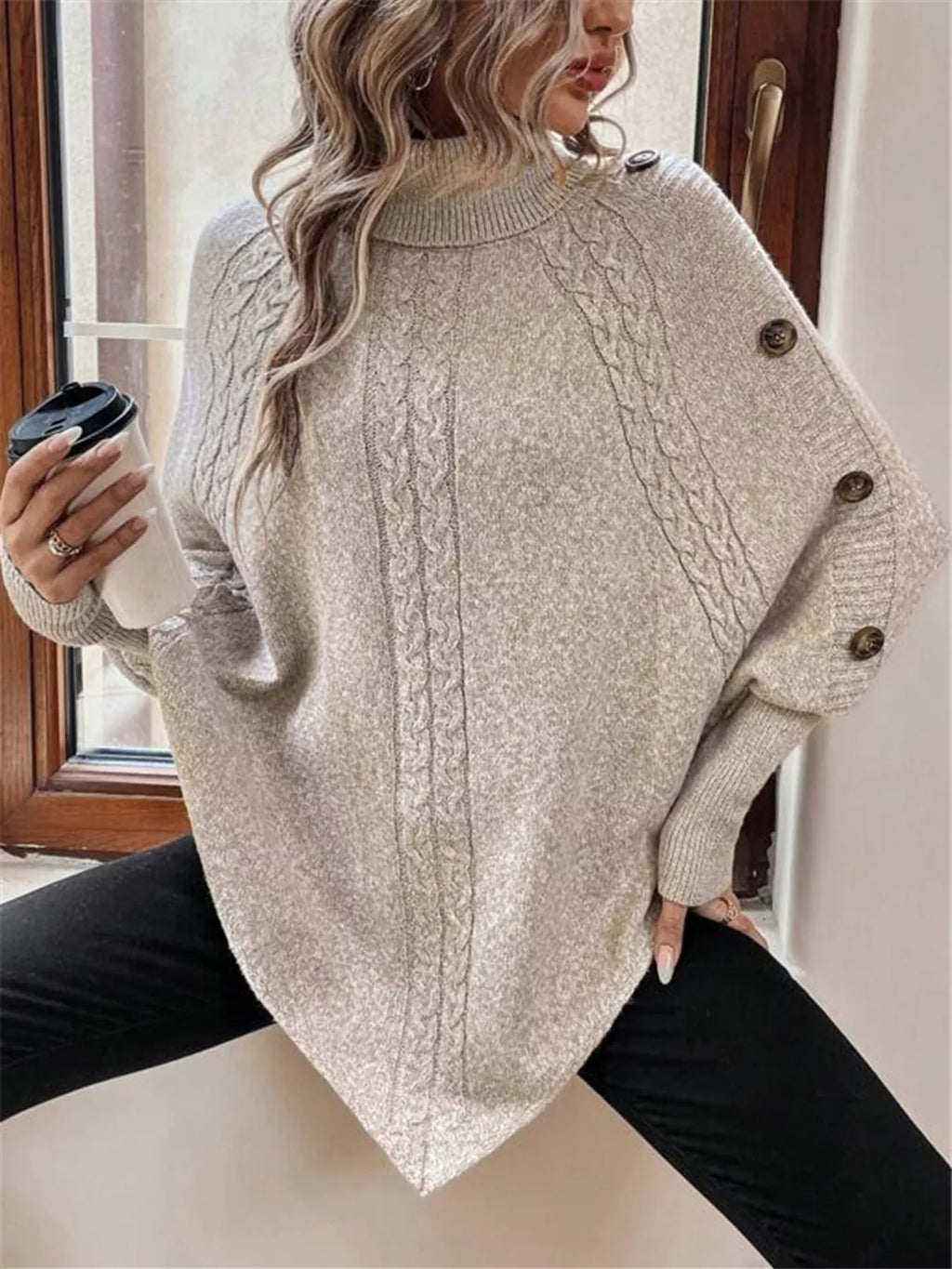 Cable Knit Turtleneck Cape Sweater - Godess beauty 