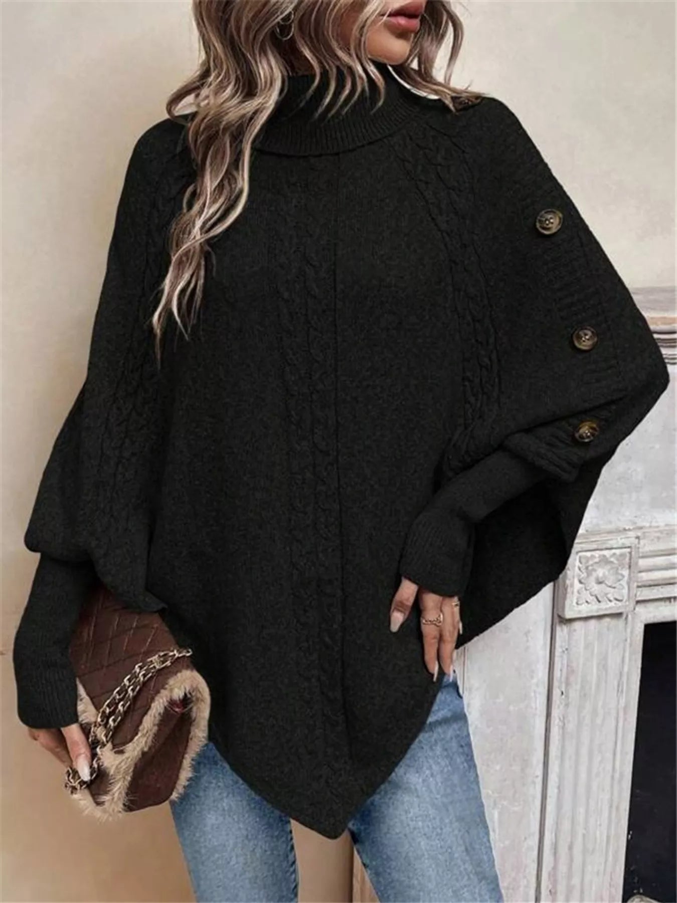 Cable Knit Turtleneck Cape Sweater - Godess beauty 