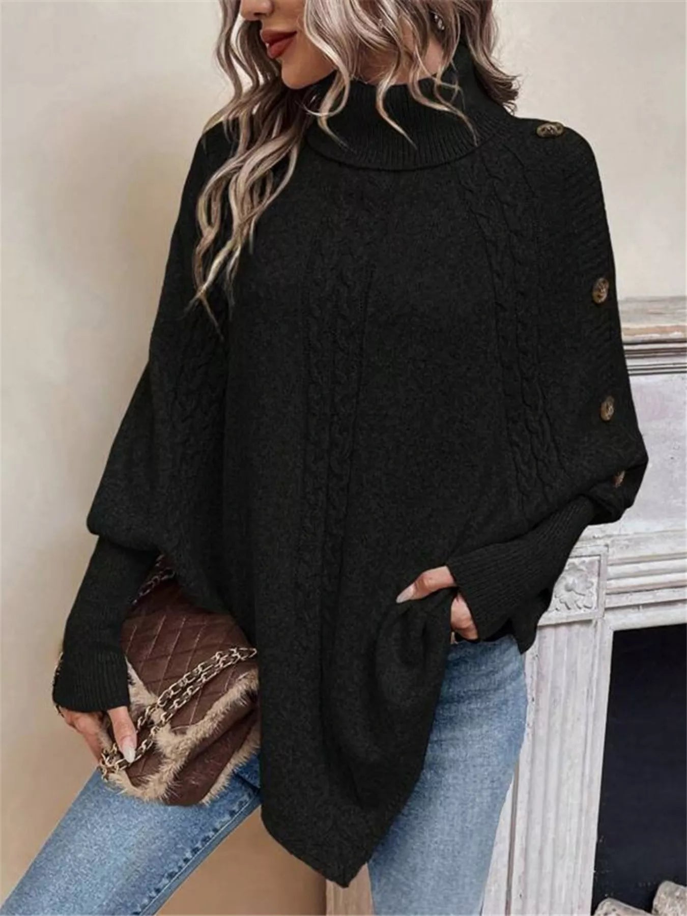 Cable Knit Turtleneck Cape Sweater - Godess beauty 