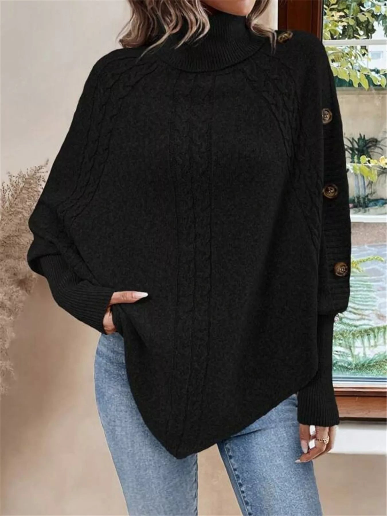 Cable Knit Turtleneck Cape Sweater - Godess beauty 