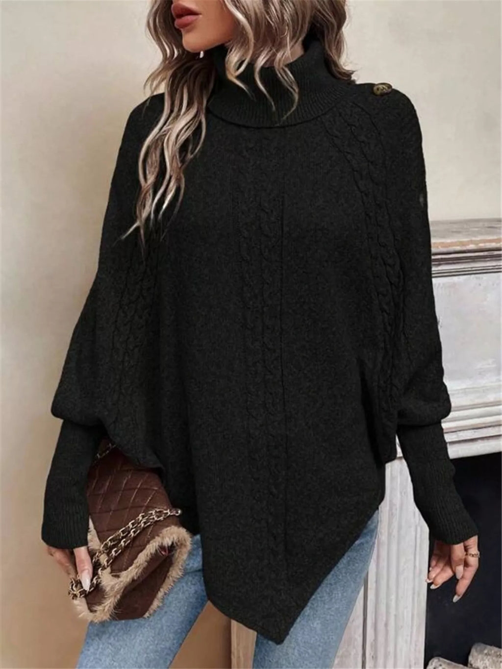 Cable Knit Turtleneck Cape Sweater - Godess beauty 