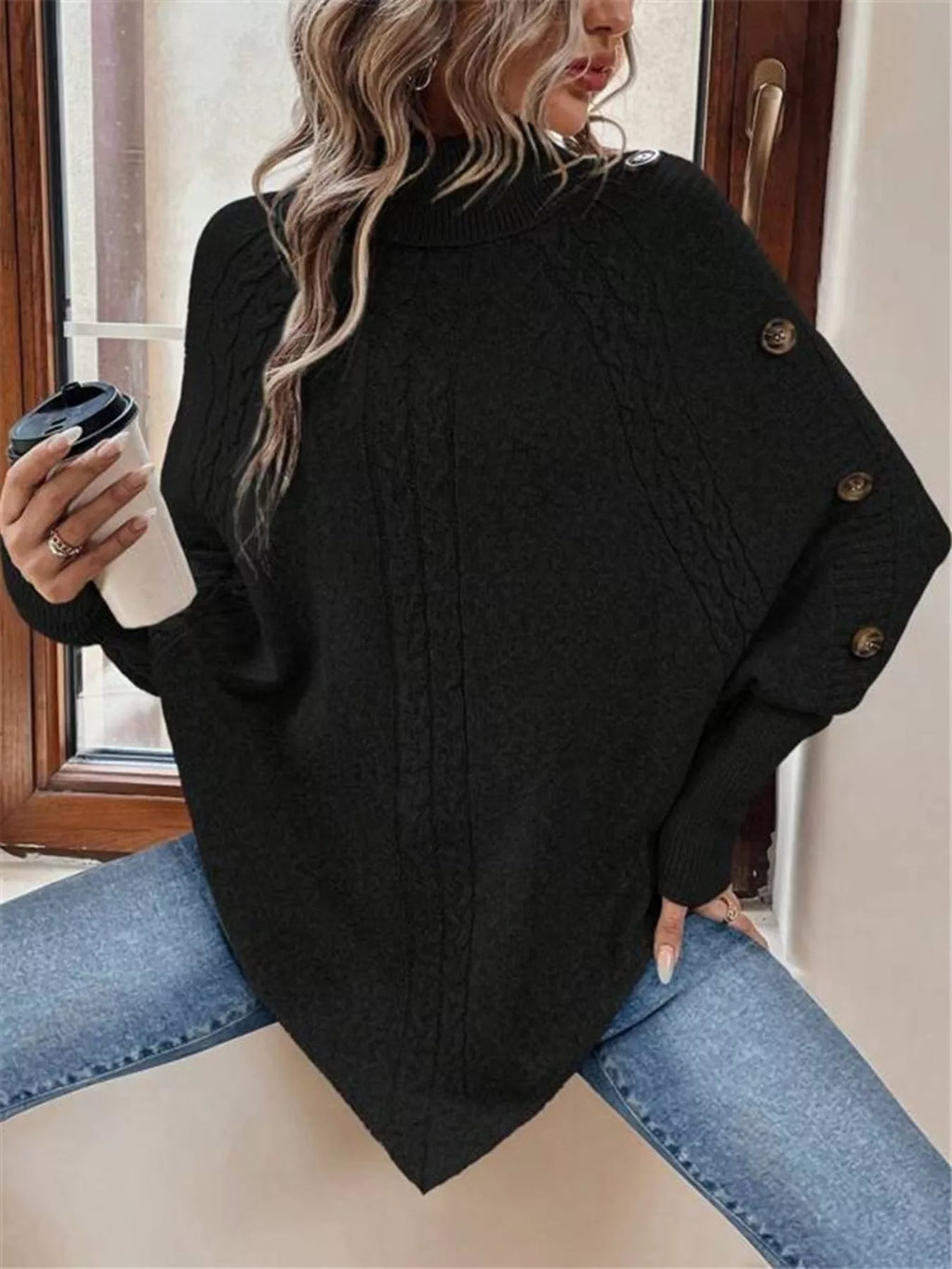 Cable Knit Turtleneck Cape Sweater - Godess beauty 