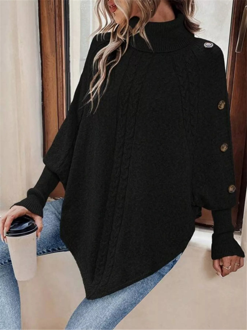Cable Knit Turtleneck Cape Sweater - Godess beauty 