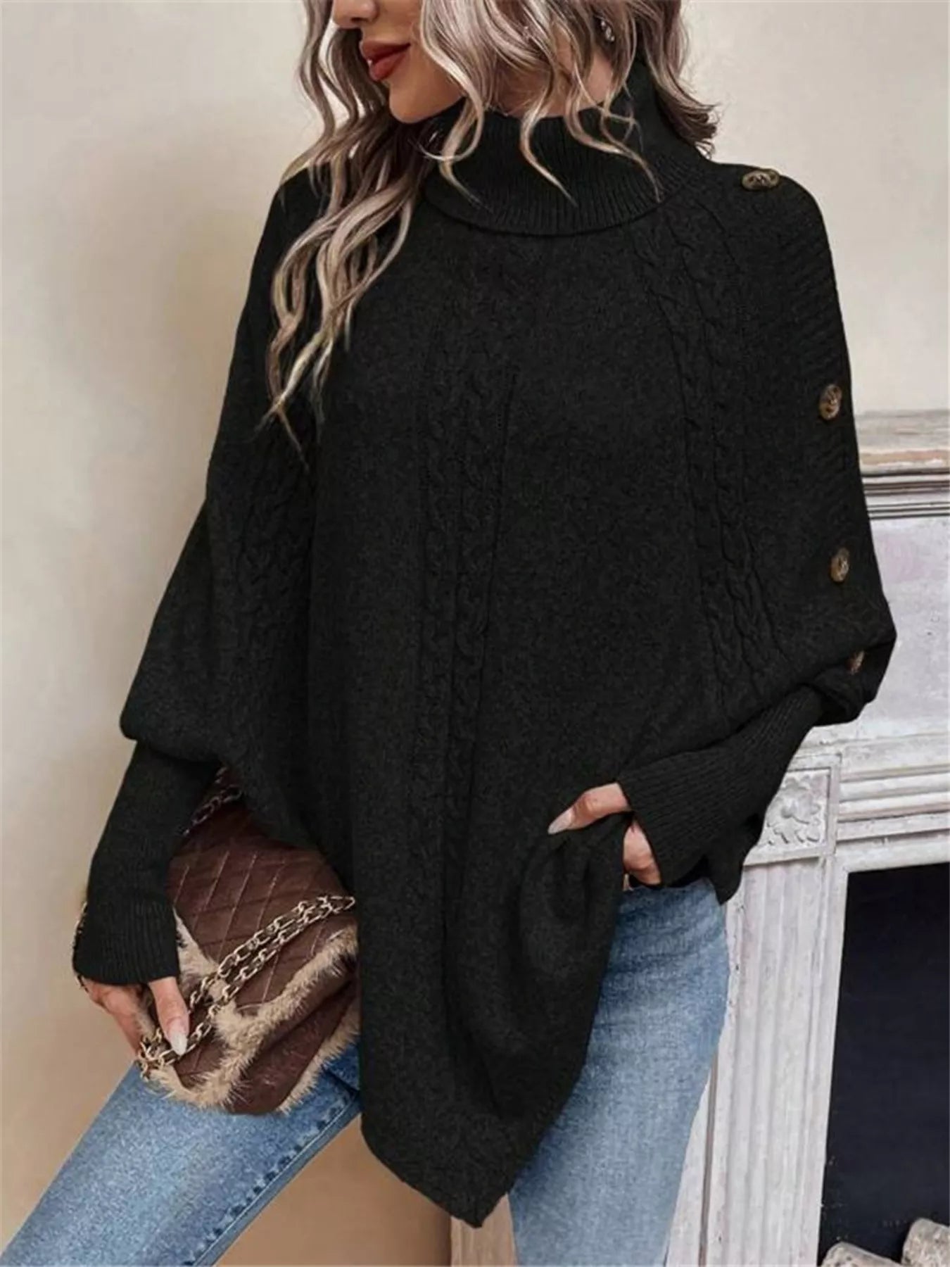 Cable Knit Turtleneck Cape Sweater - Godess beauty 