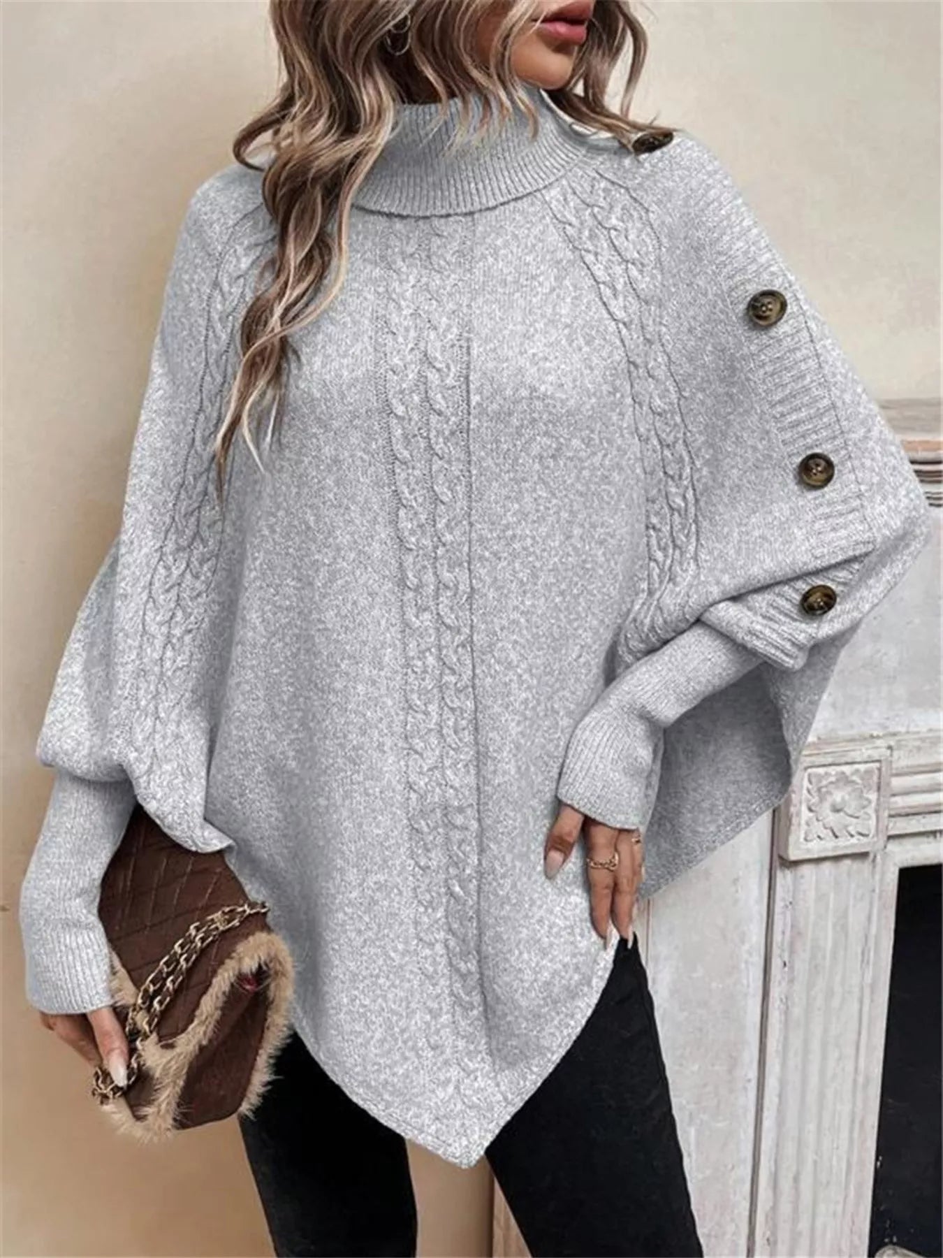 Cable Knit Turtleneck Cape Sweater - Godess beauty 