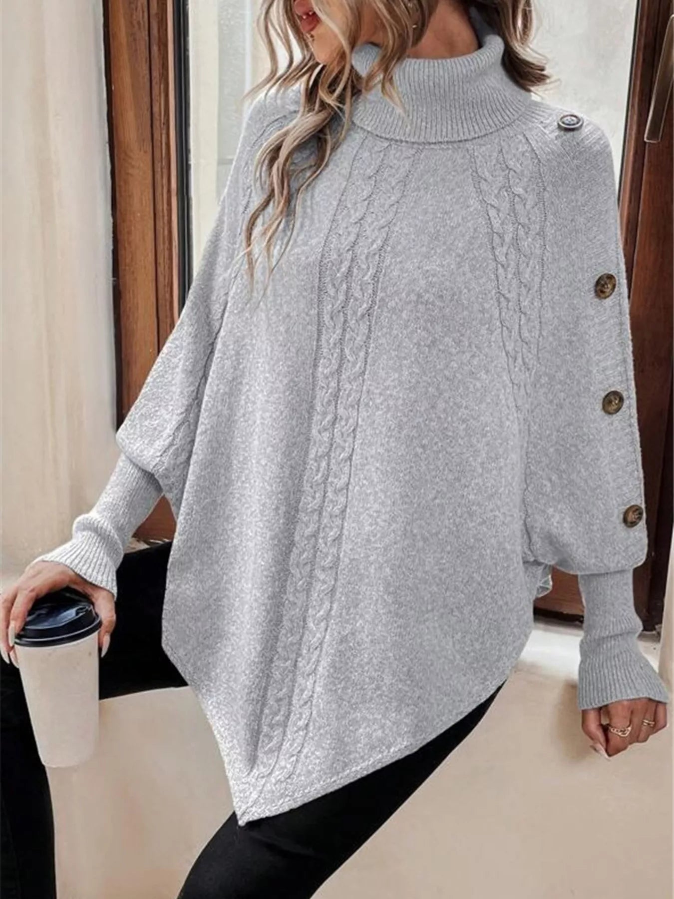 Cable Knit Turtleneck Cape Sweater - Godess beauty 