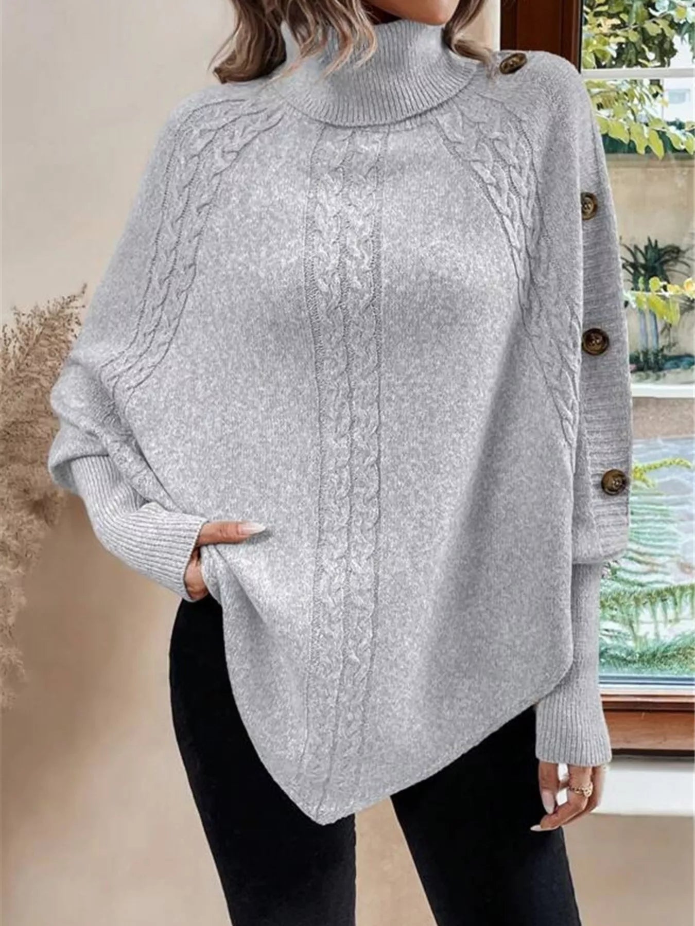 Cable Knit Turtleneck Cape Sweater - Godess beauty 