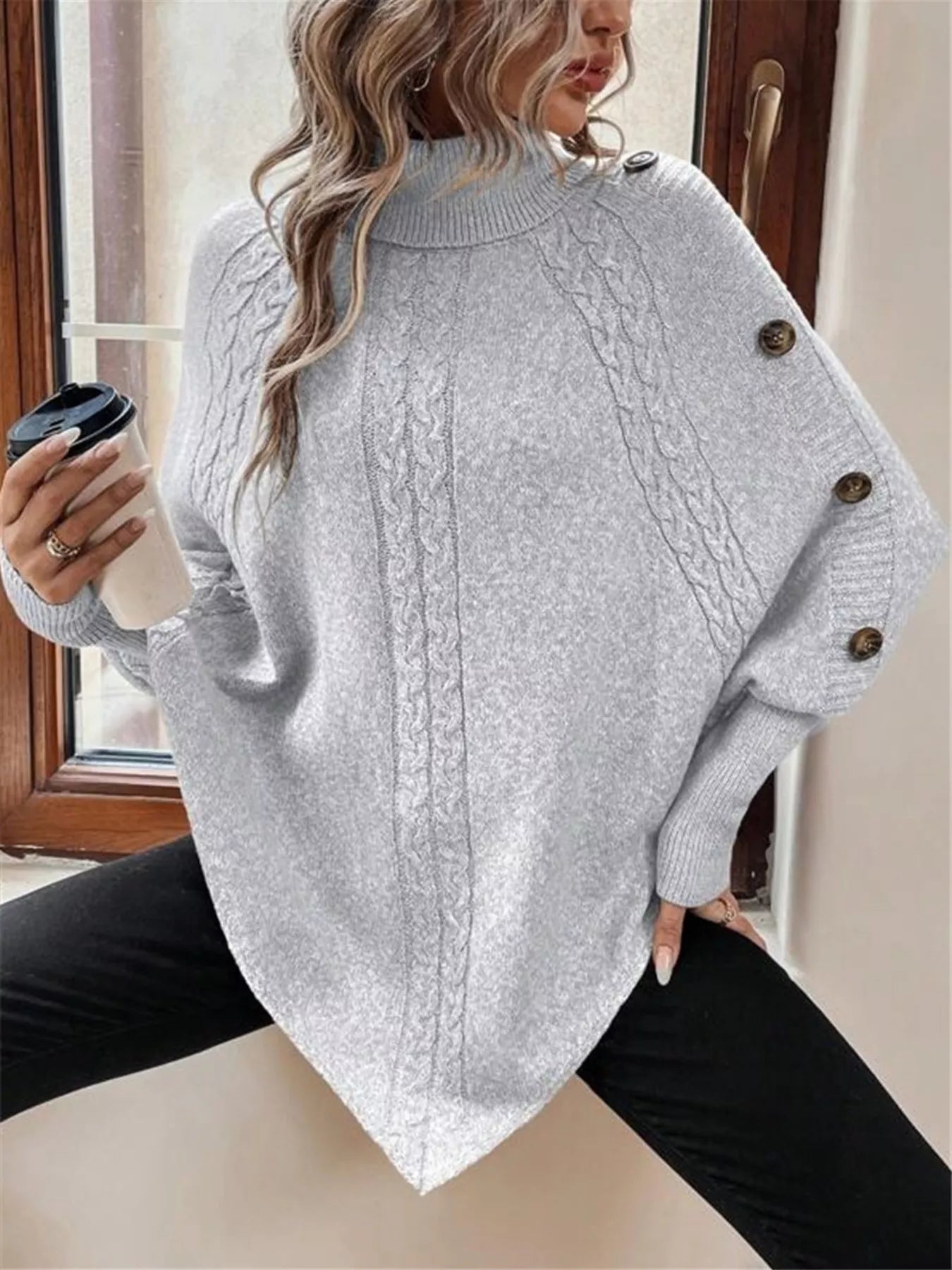 Cable Knit Turtleneck Cape Sweater - Godess beauty 