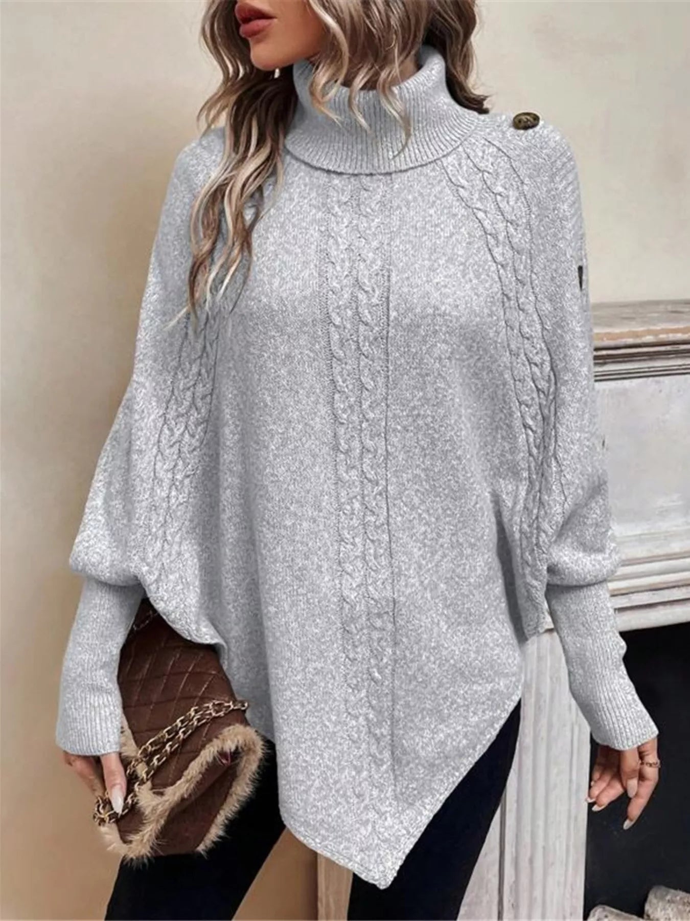 Cable Knit Turtleneck Cape Sweater - Godess beauty 