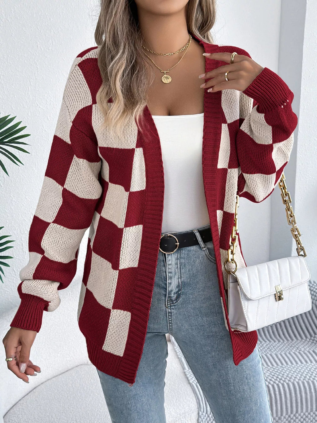 Checkered Pattern Open Front Cardigan - Godess beauty 