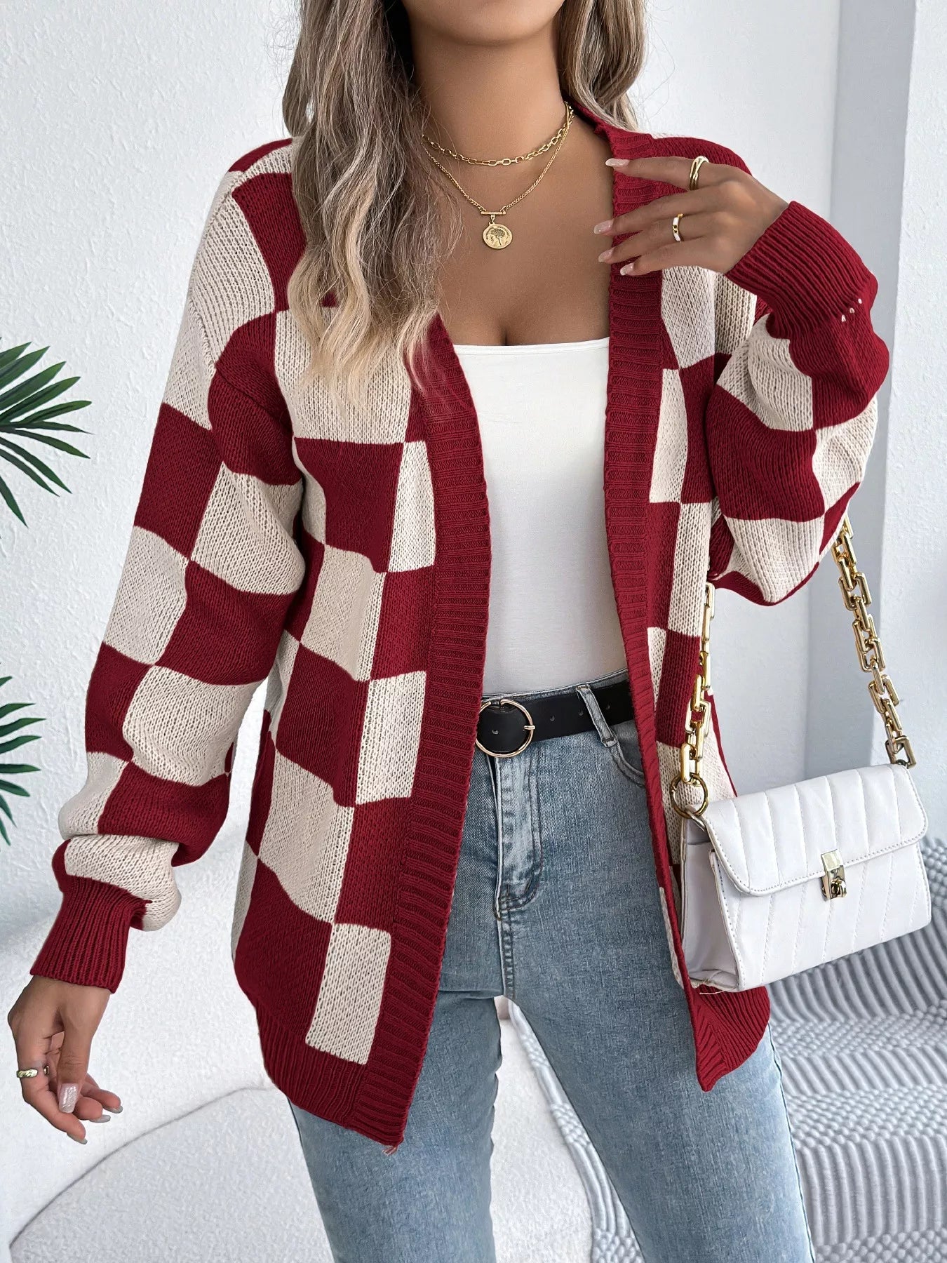 Checkered Pattern Open Front Cardigan - Godess beauty 
