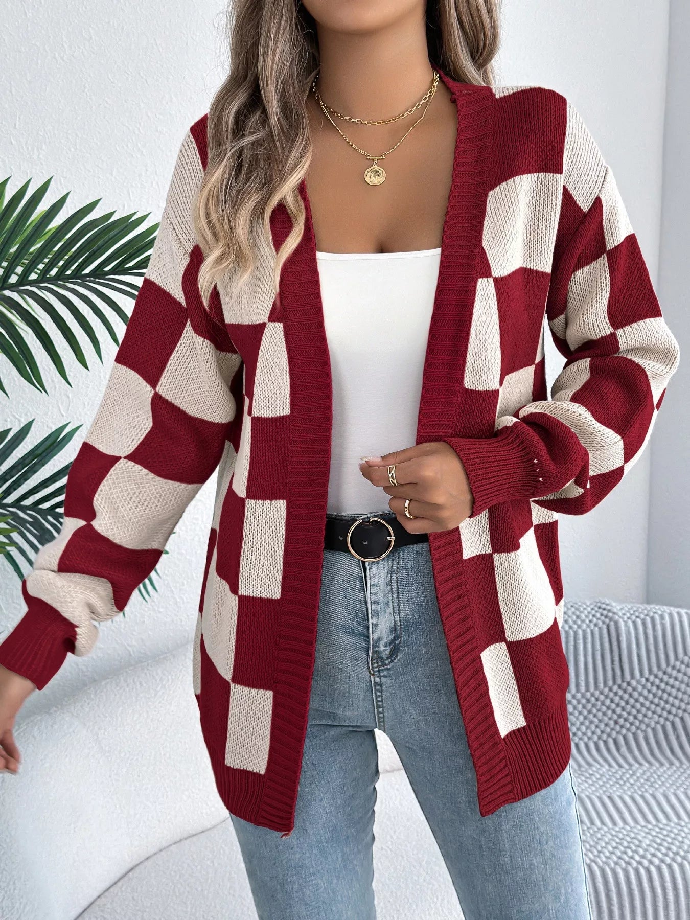 Checkered Pattern Open Front Cardigan - Godess beauty 