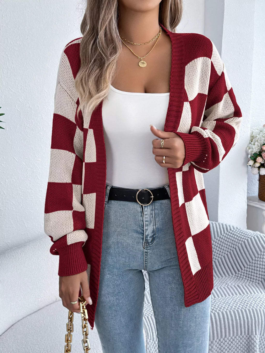 Checkered Pattern Open Front Cardigan - Godess beauty 