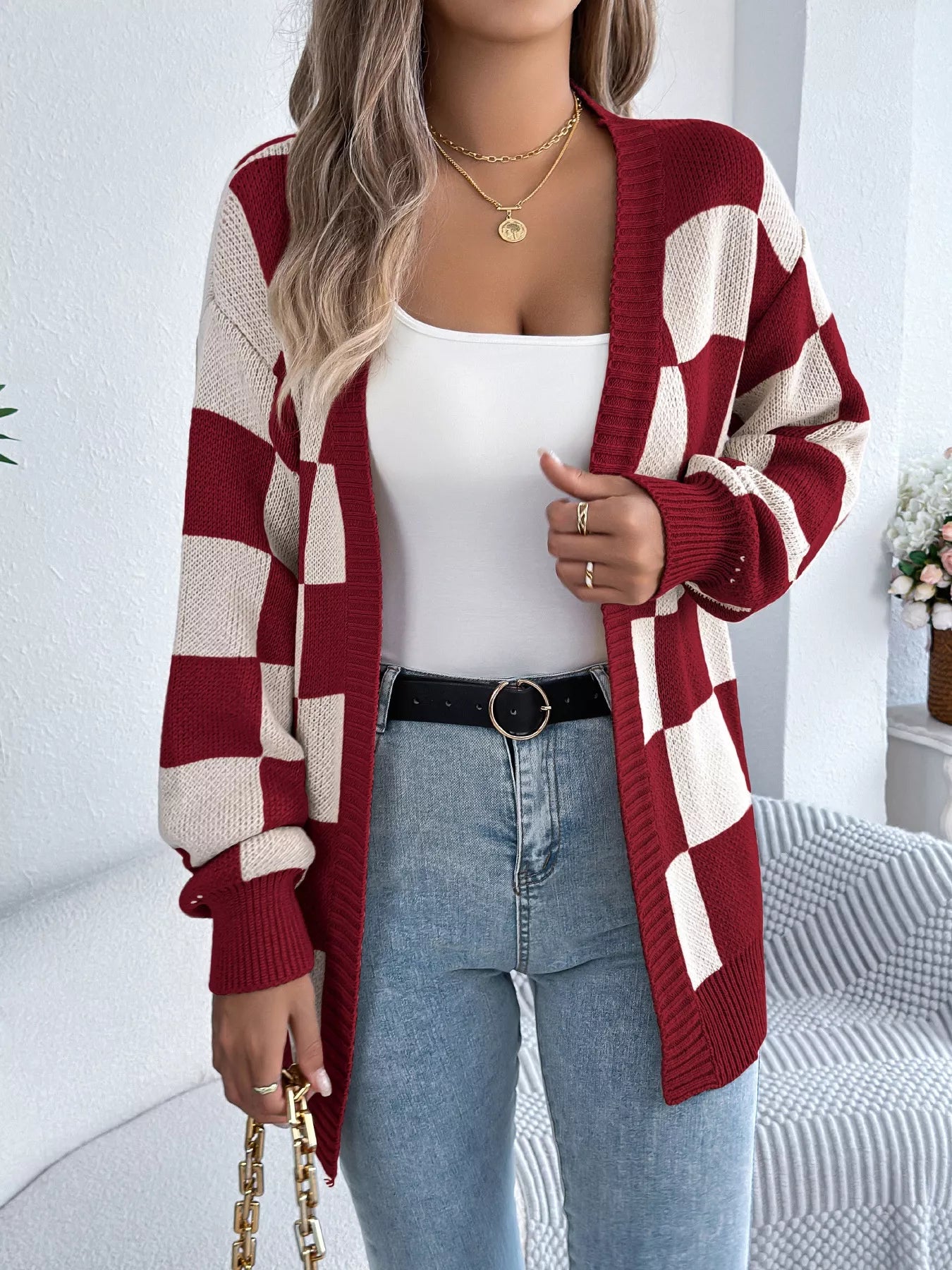 Checkered Pattern Open Front Cardigan - Godess beauty 