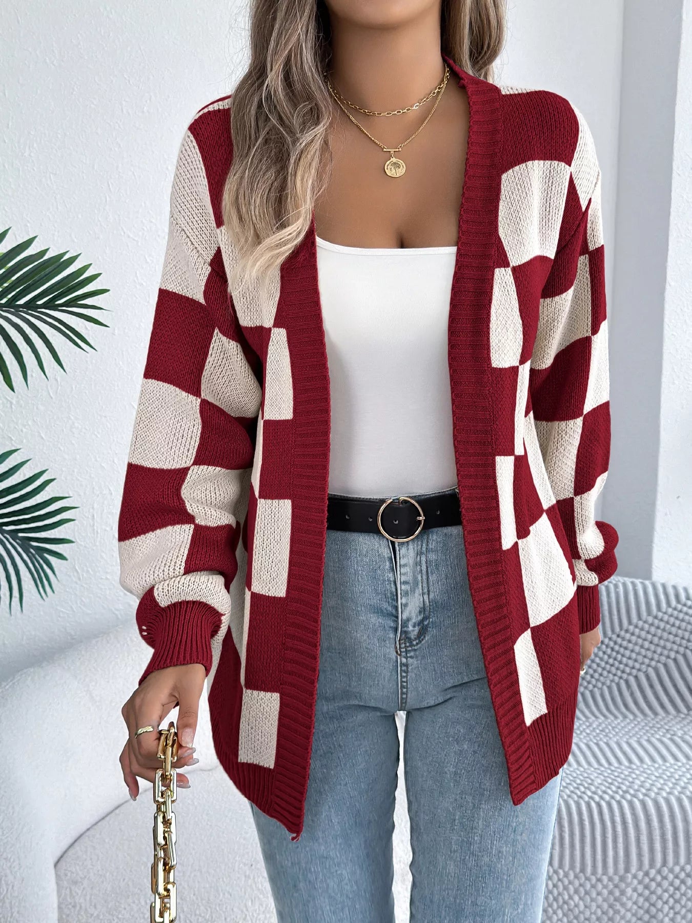 Checkered Pattern Open Front Cardigan - Godess beauty 