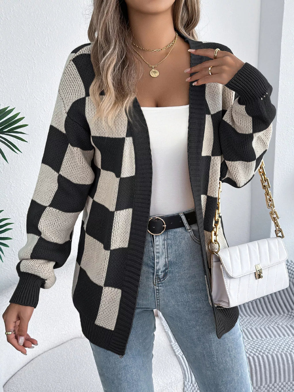 Checkered Pattern Open Front Cardigan - Godess beauty 