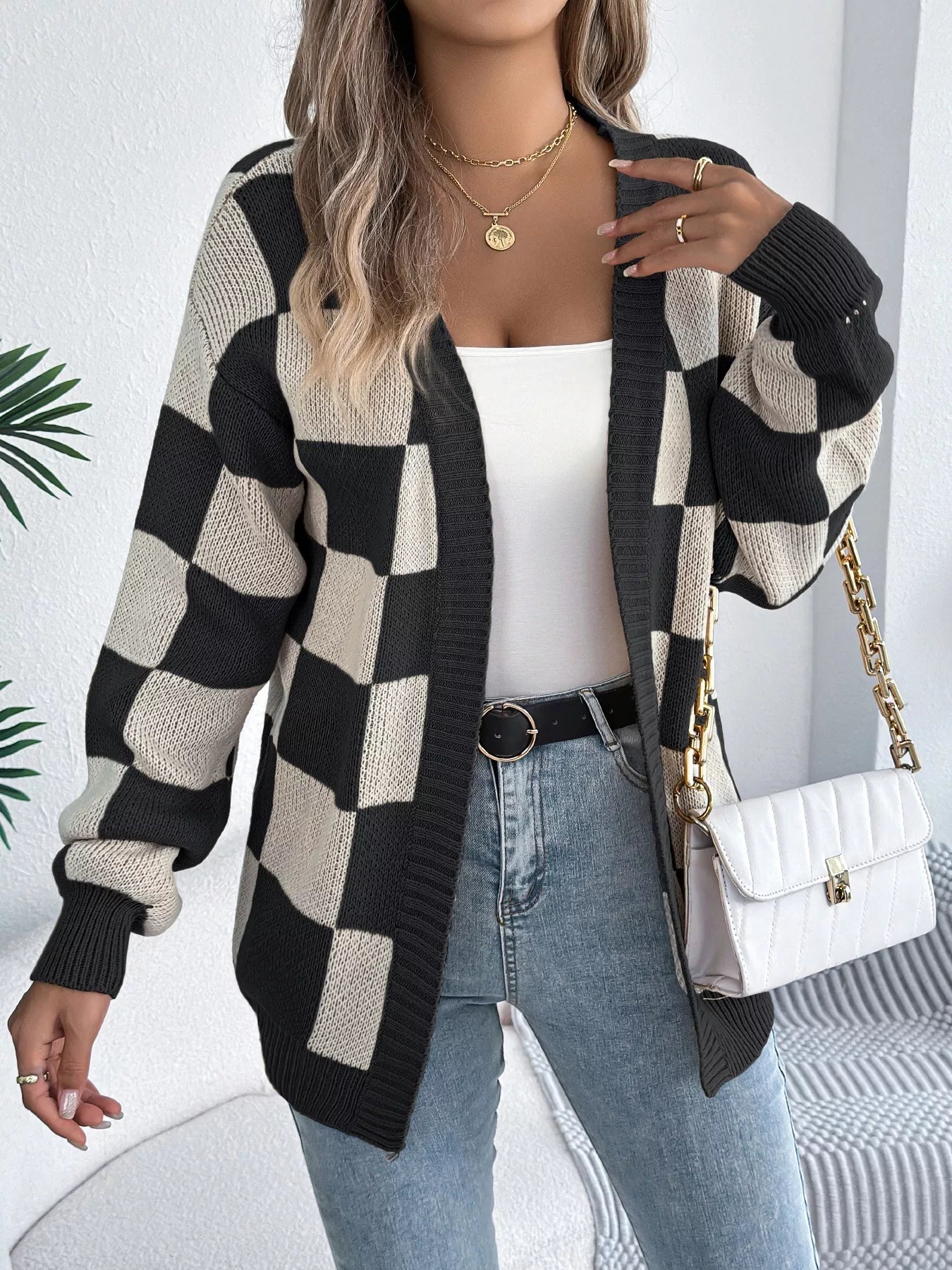 Checkered Pattern Open Front Cardigan - Godess beauty 
