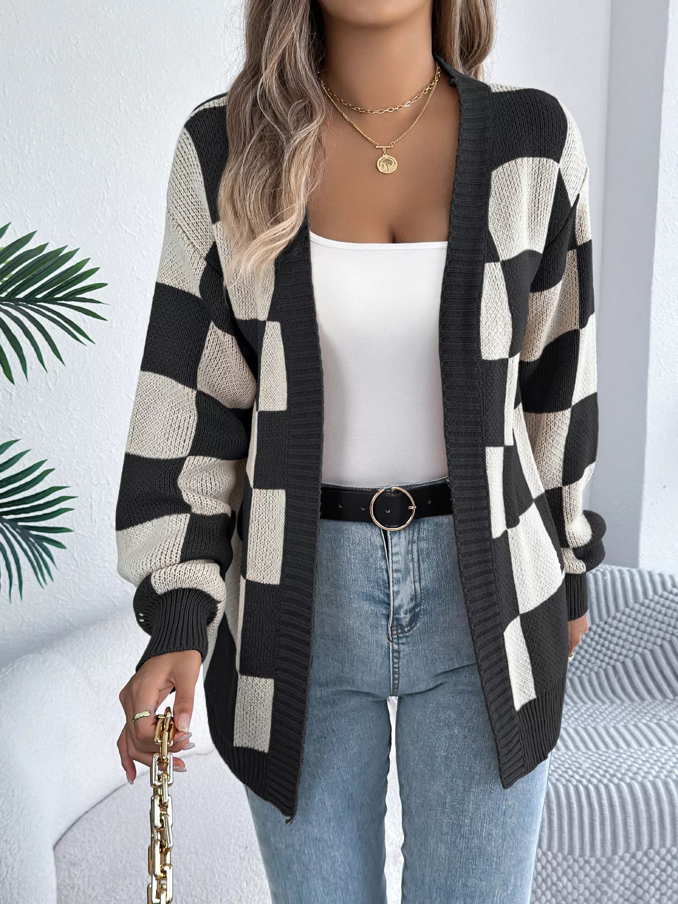 Checkered Pattern Open Front Cardigan - Godess beauty 