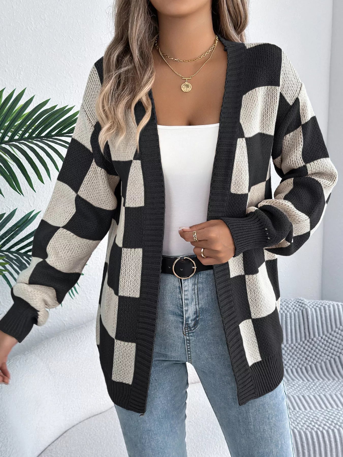 Checkered Pattern Open Front Cardigan - Godess beauty 